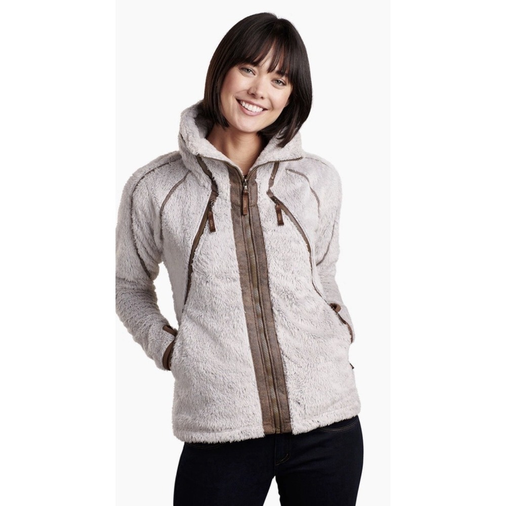 KÜHL Flight High Pile Sherpa Fleece Jacket Full Zip Gray Brown Trim Womens Small
